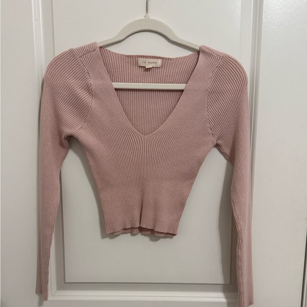 Pacsun- LA Hearts- Pink Ribbed V-Neck Long Sleeve Sweater